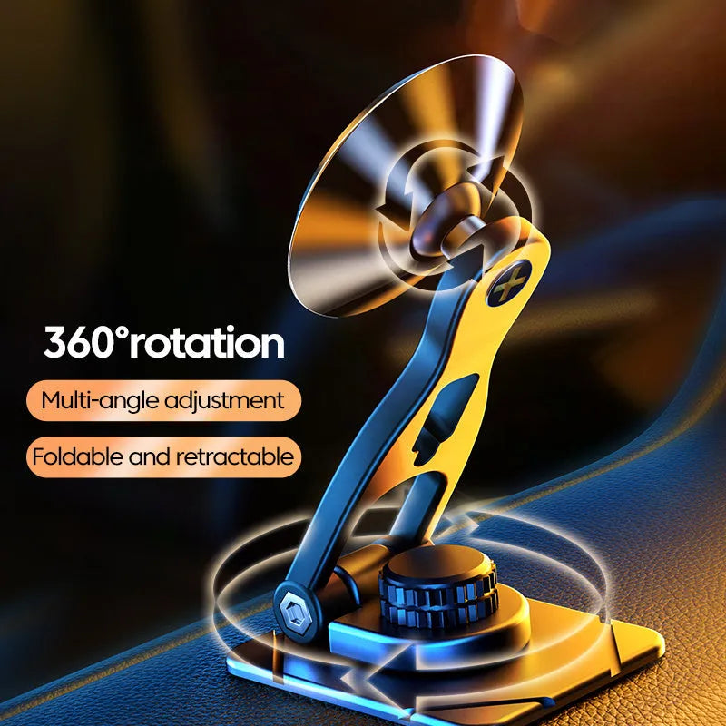 Telescopic folding car phone holder in black or silver, showing magnetic dashboard mount and extended arm.