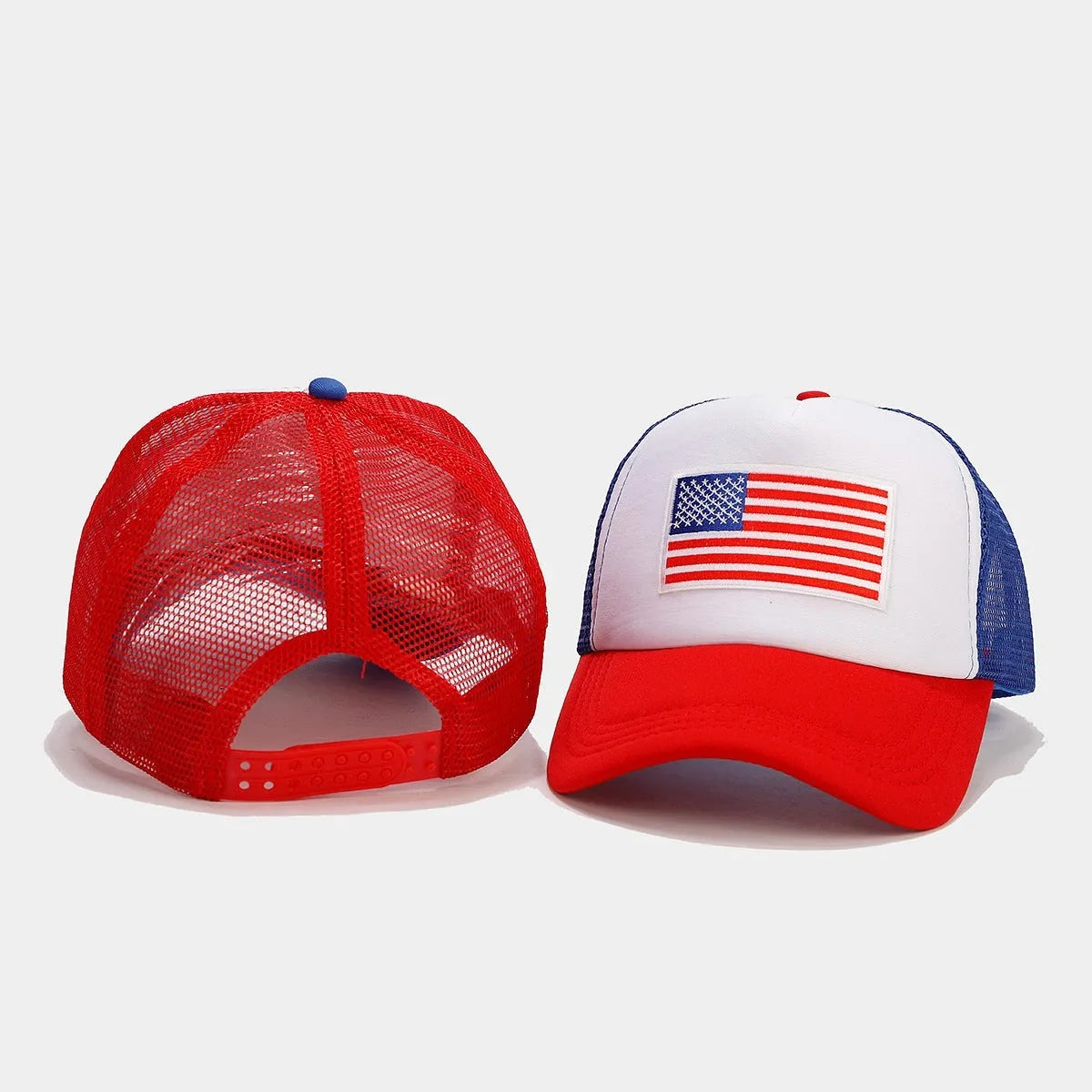 Red and blue contrast mesh baseball cap with adjustable back closure
