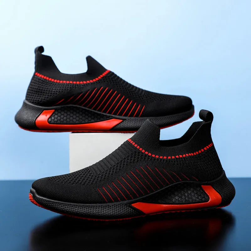 Men's striped mesh sock shoes with lace-up front and round toe design