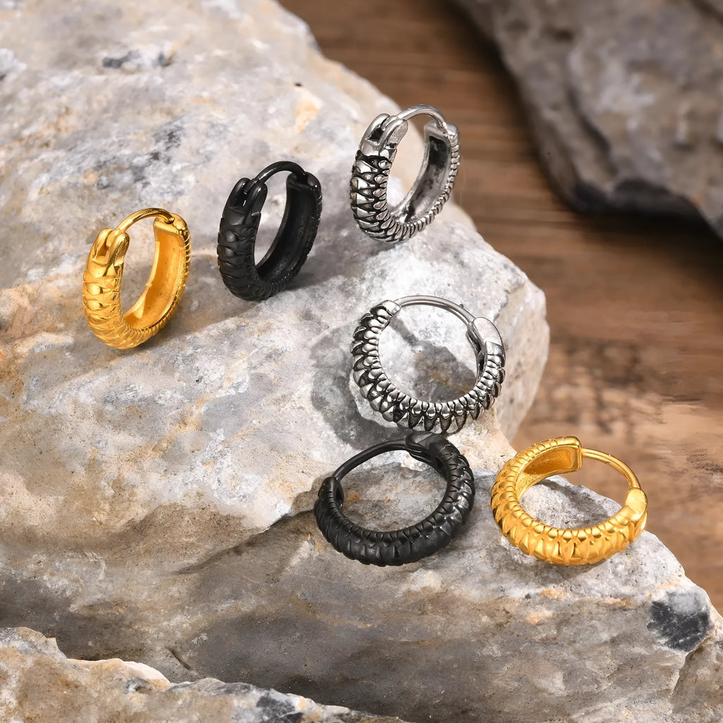 Stainless steel snake pattern stud earrings in black or gold finish