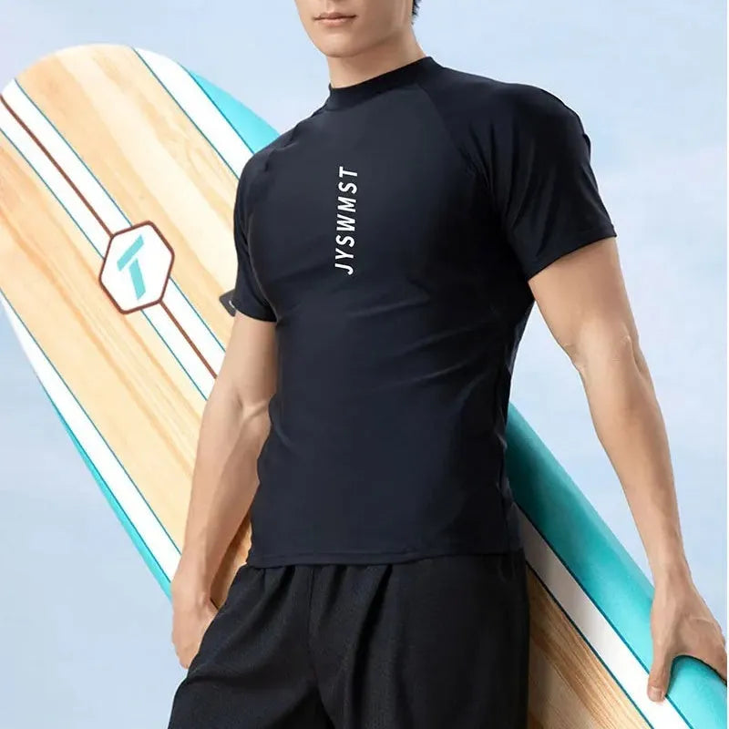 Men's patterned polyester swimsuit set showing top and swimming trunks, available in plus sizes.