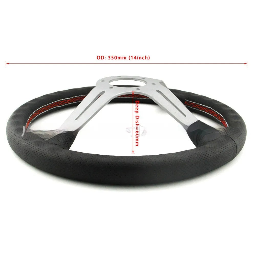 14-inch black leather steering wheel with concave design and silver metal skeleton.