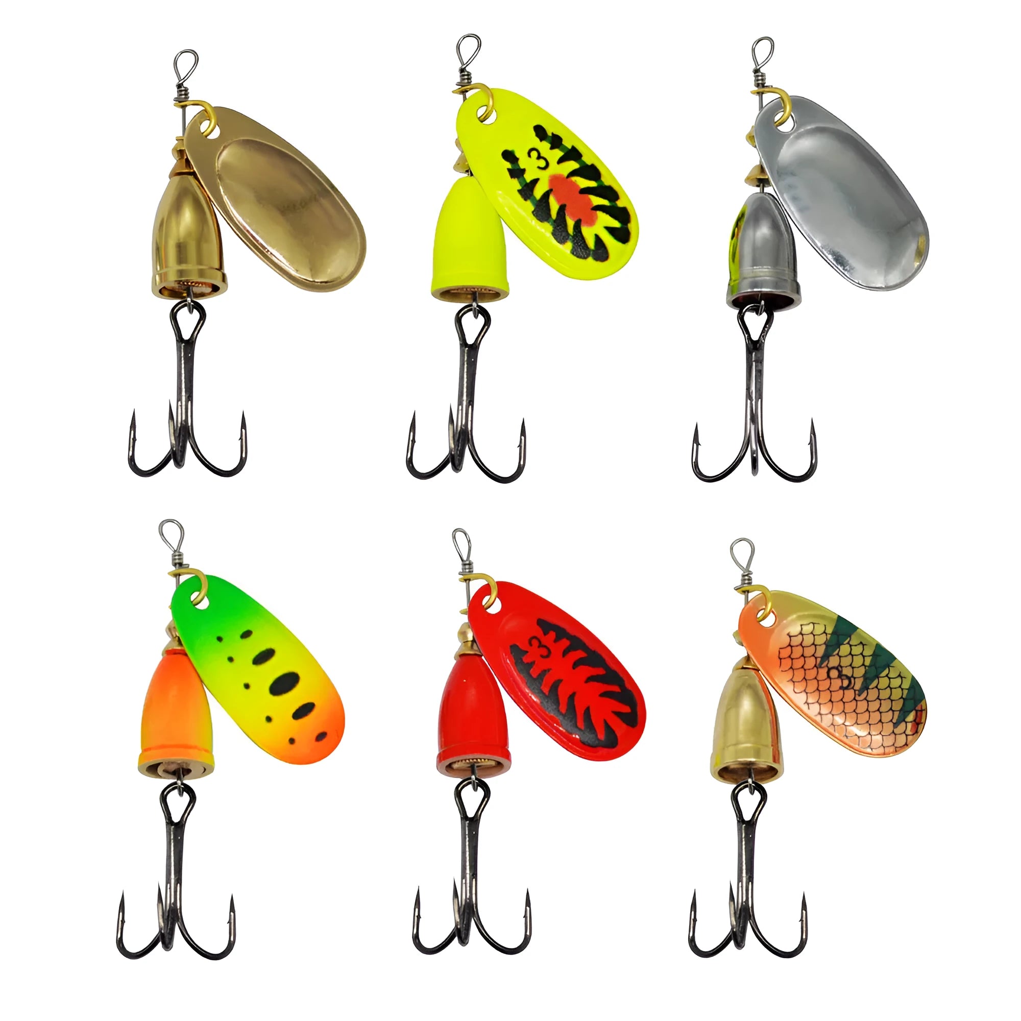 Composite fishing lure with rotating sequins and copper bell in multiple colour options