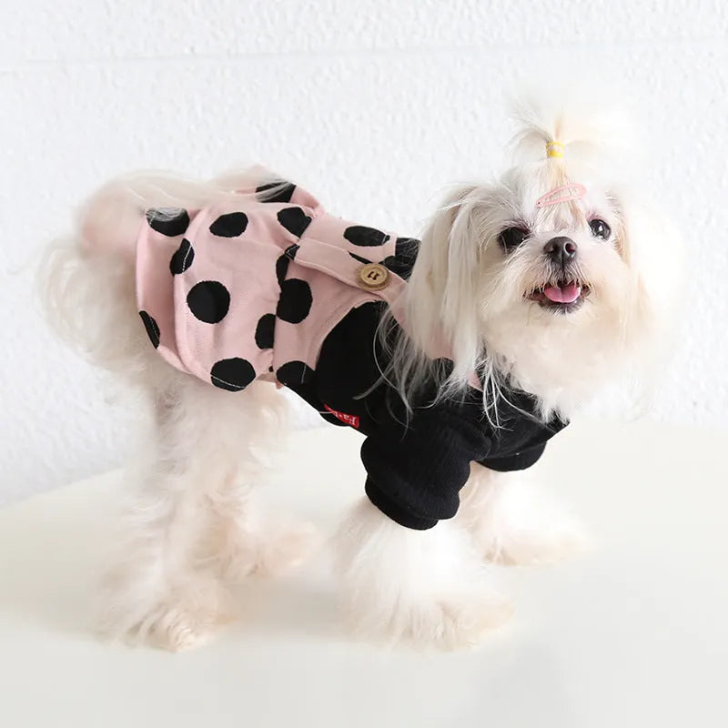 Pet clothing with lapel shoulder straps in couple design, available in four-legged and skirt styles
