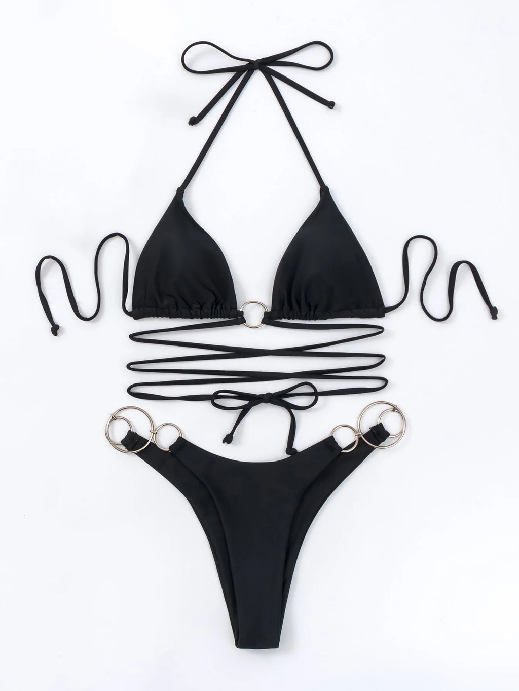 Black women's bikini set with long straps and metal rings, backless sleeveless design.
