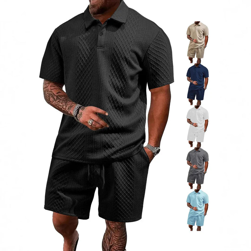 Men's casual two-piece short sleeve suit in figured cloth fabric showing polo shirt and trousers