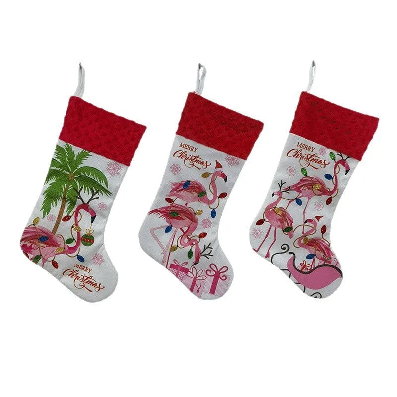 Flamingo pattern Christmas stocking decoration measuring 46 by 28 cm