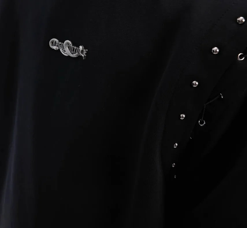 Men's black short sleeve t-shirt with lace-up cutout design detail on the front.