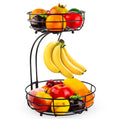 Black wrought iron double-layer fruit basket with two storage tiers for organising fruits and vegetables