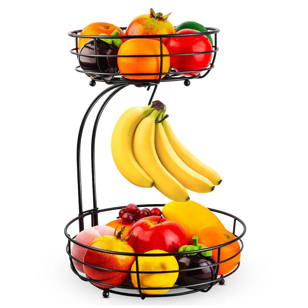 Black wrought iron double-layer fruit basket with two storage tiers for organising fruits and vegetables