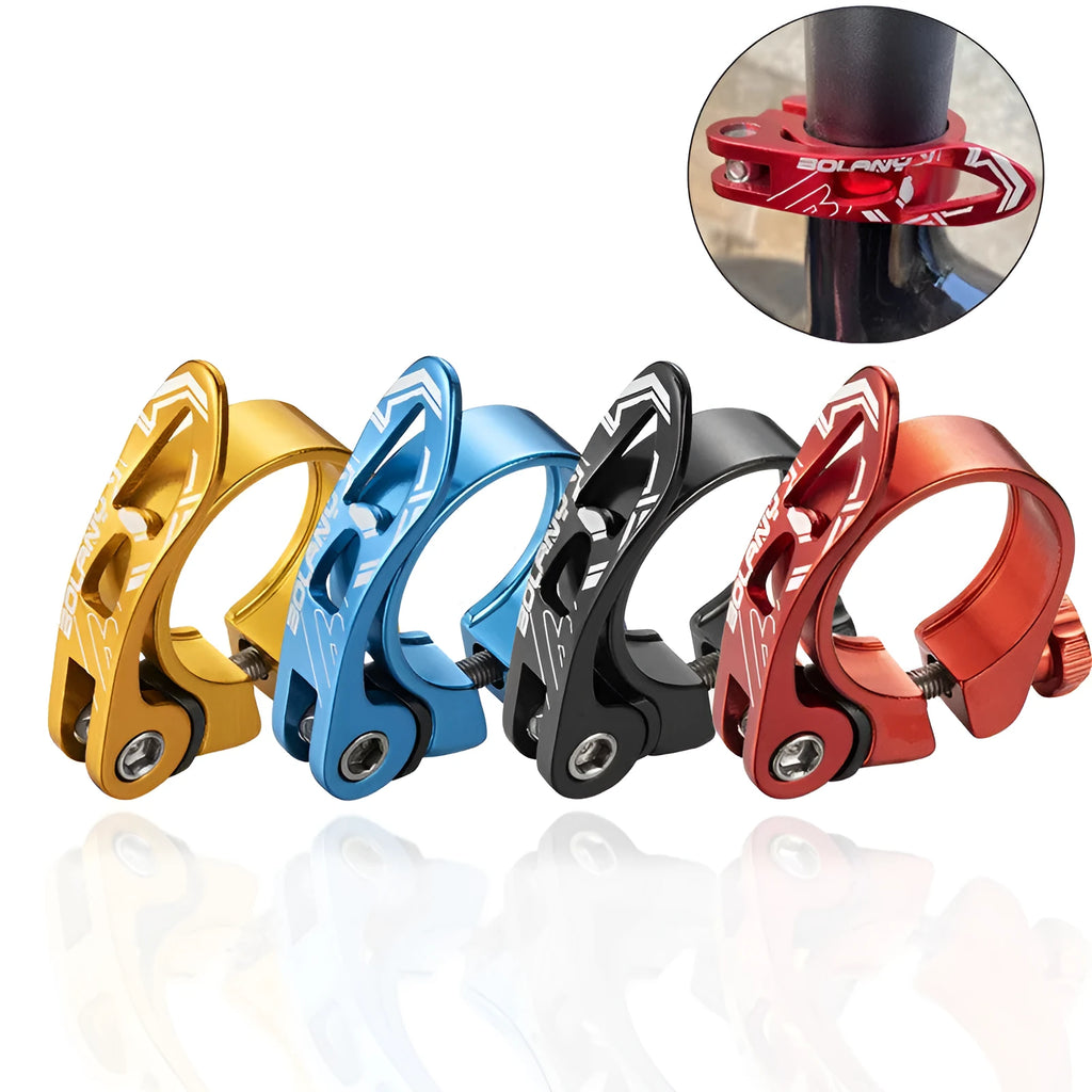 Aluminium alloy bicycle seat post clamp in black, blue, gold, or red colour options.