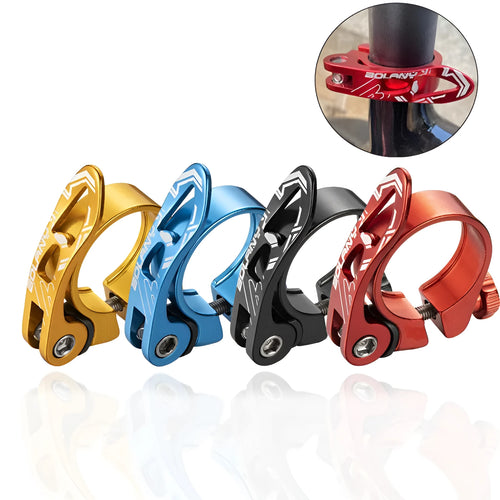 Aluminium alloy bicycle seat post clamp in black, blue, gold, or red colour options.