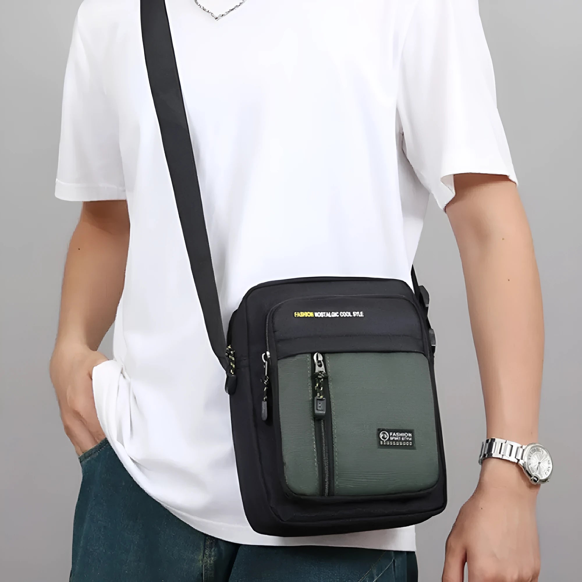 Men's nylon crossbody messenger bag with sewing thread detailing shown in available colours