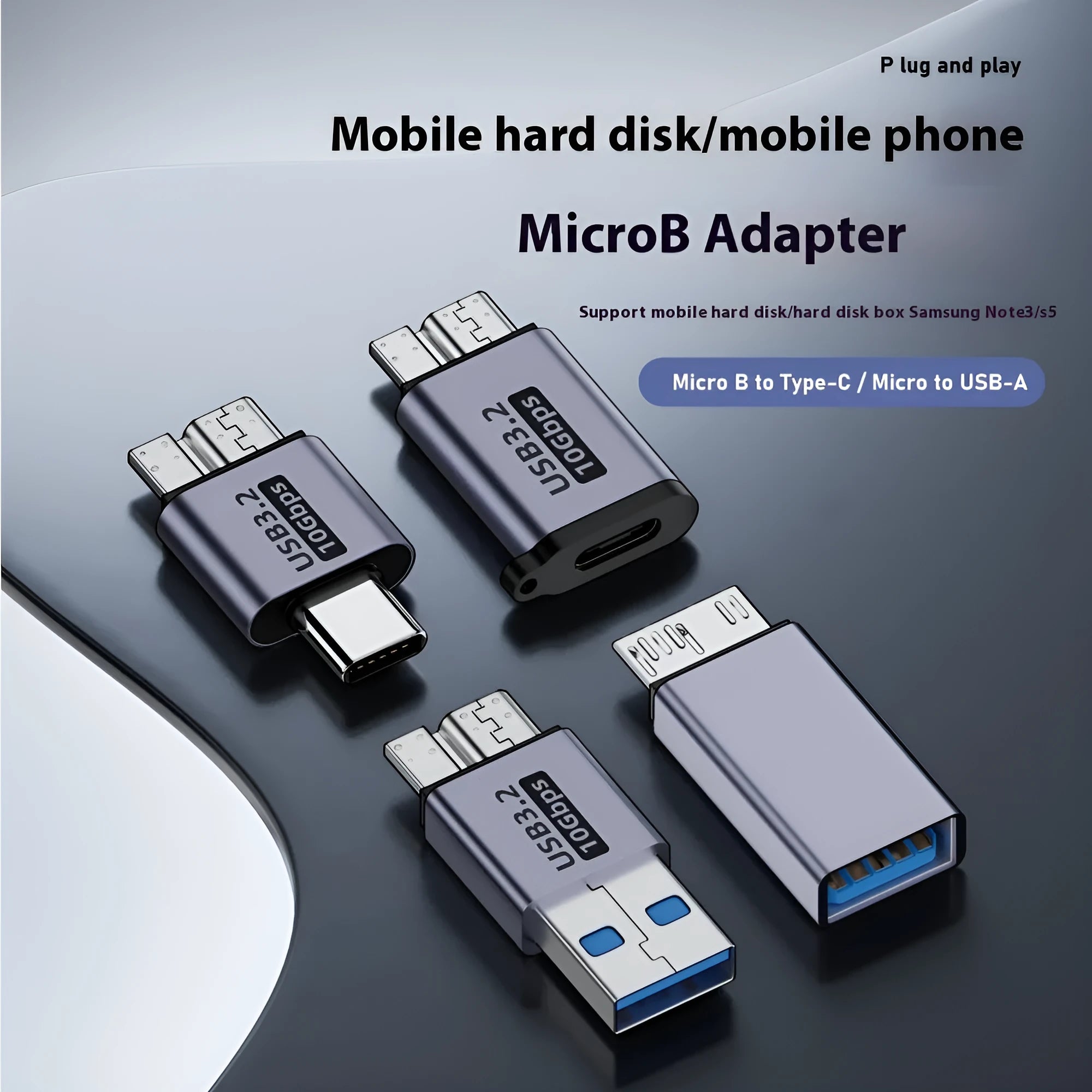 Set of four Micro B to USB and Type-C adapter converters for data transfer and charging.