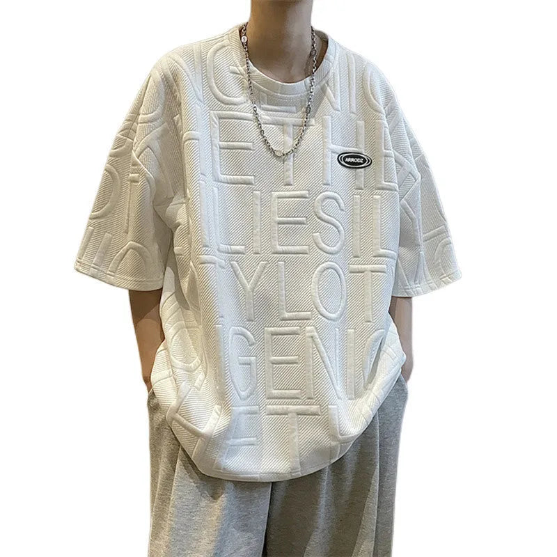 Men's grey retro loose fit t-shirt with 3D letter design on chest