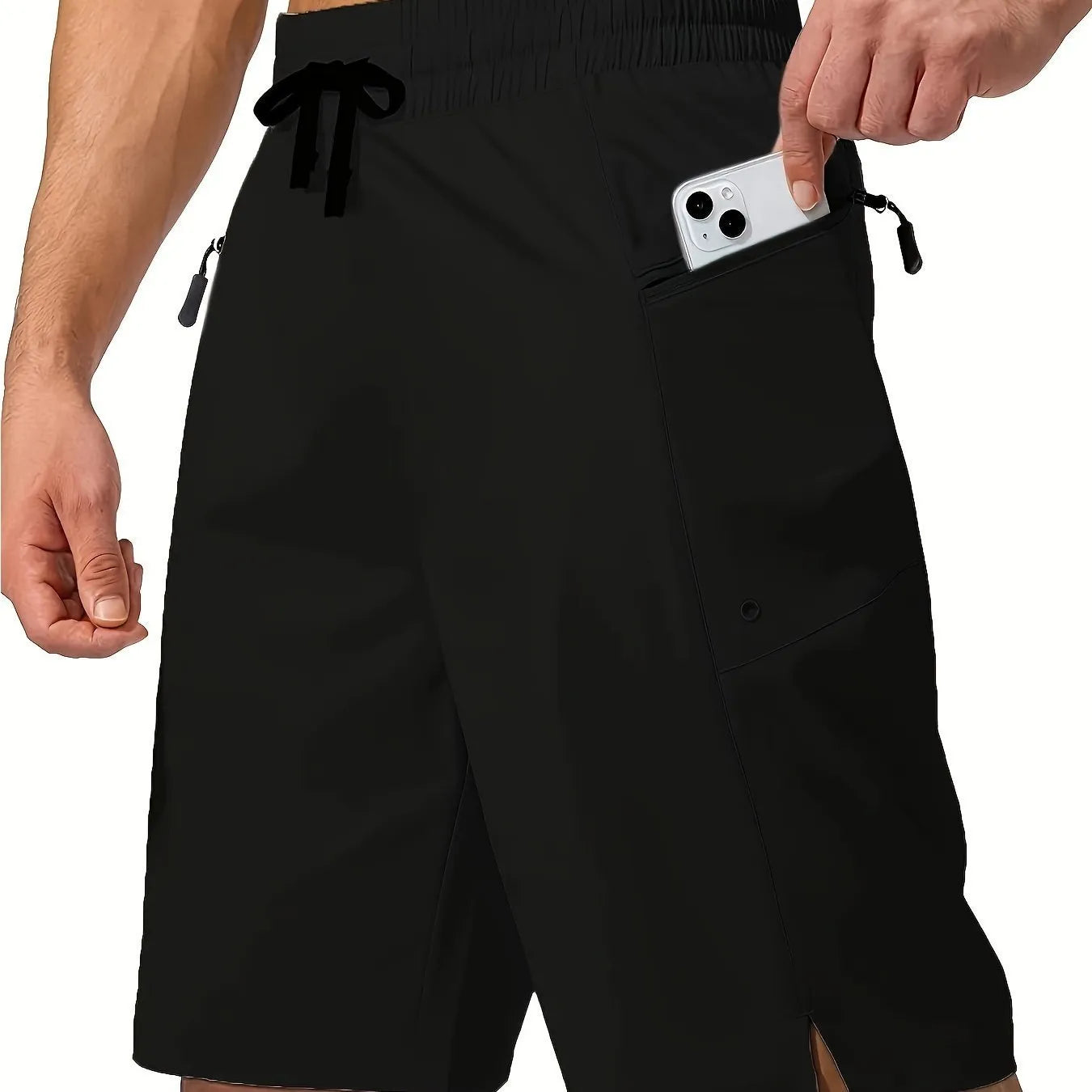 Men's solid colour quick-drying beach shorts in straight cut polyester fabric