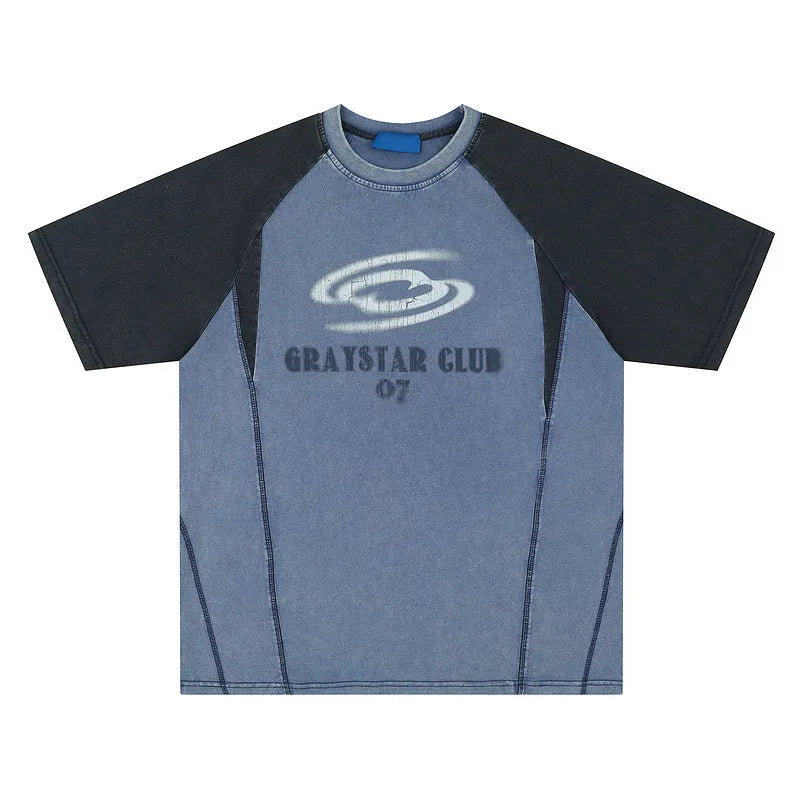 Blue men's hip hop letter print t-shirt with raglan sleeves on a hanger