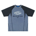 Blue men's hip hop letter print t-shirt with raglan sleeves on a hanger