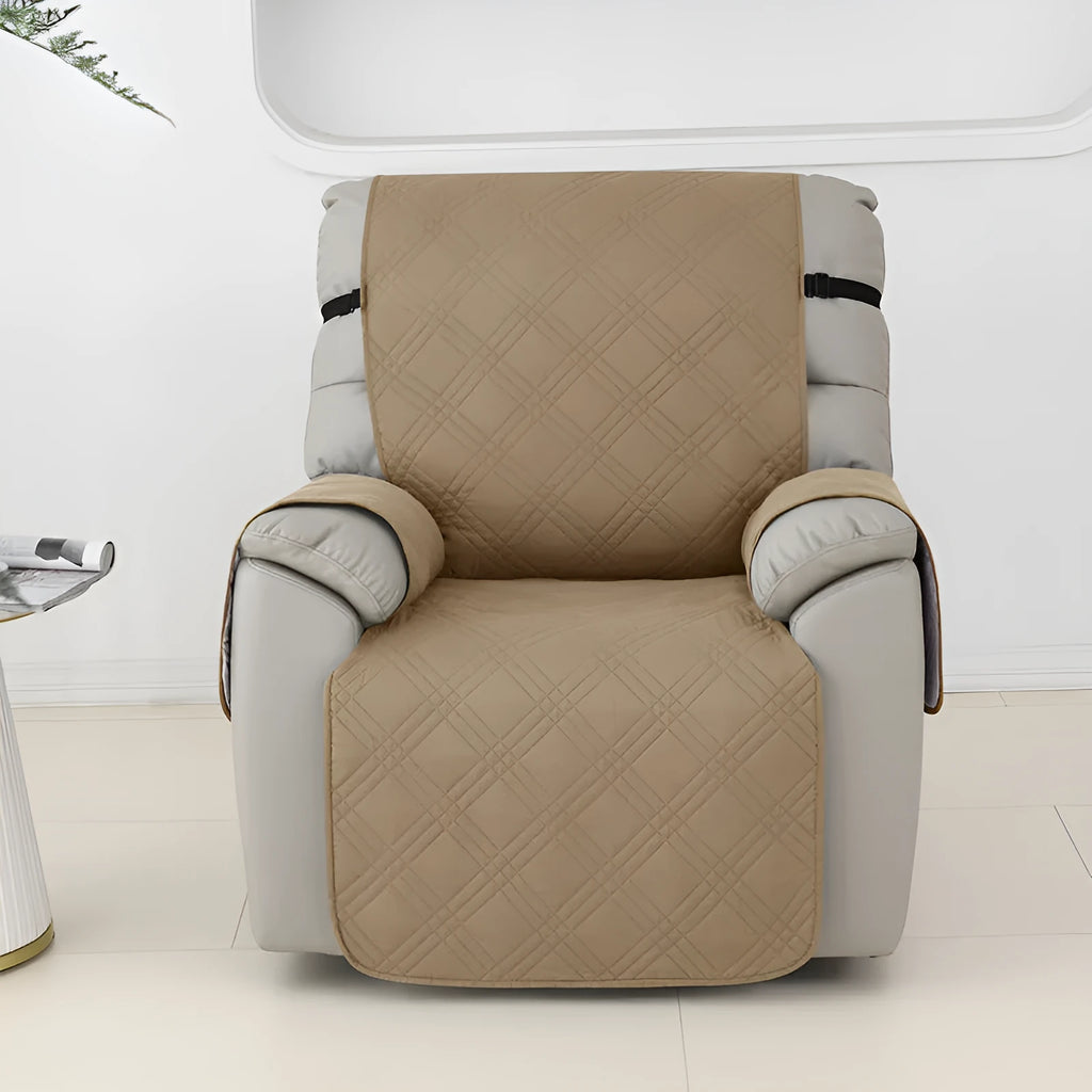 Quilted waterproof sofa cover in burgundy on a Chivas massage chair, showing three-line stitching and fitted design.
