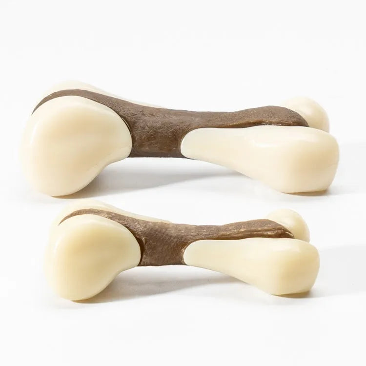 Durable bone-shaped dog chewing toy made from textured cowhide and nylon in two sizes.