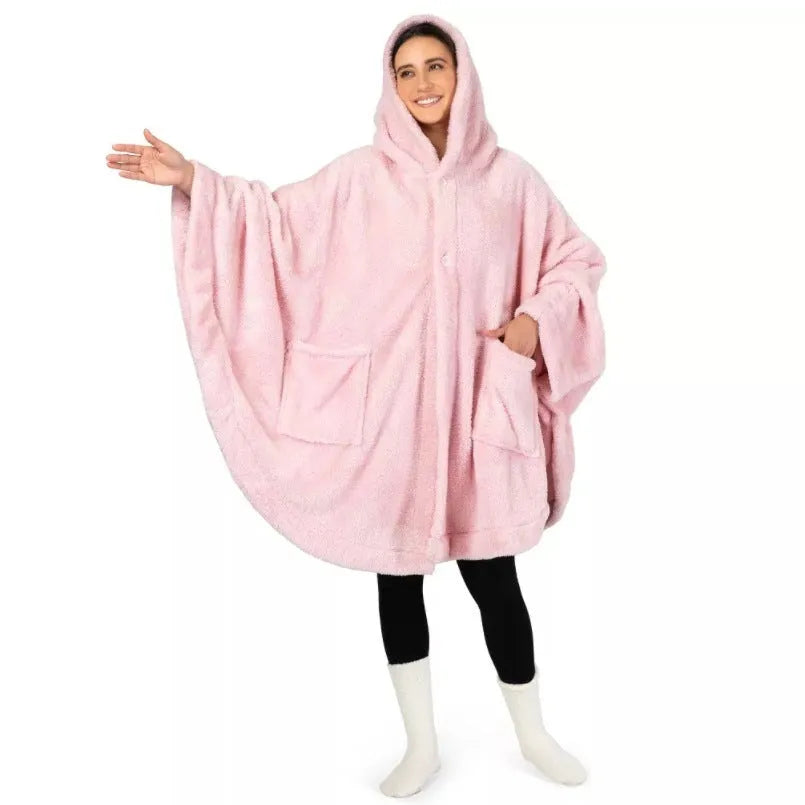 A thick, hooded polyester bathrobe in a cardigan style with long sleeves, shown in a solid colour.