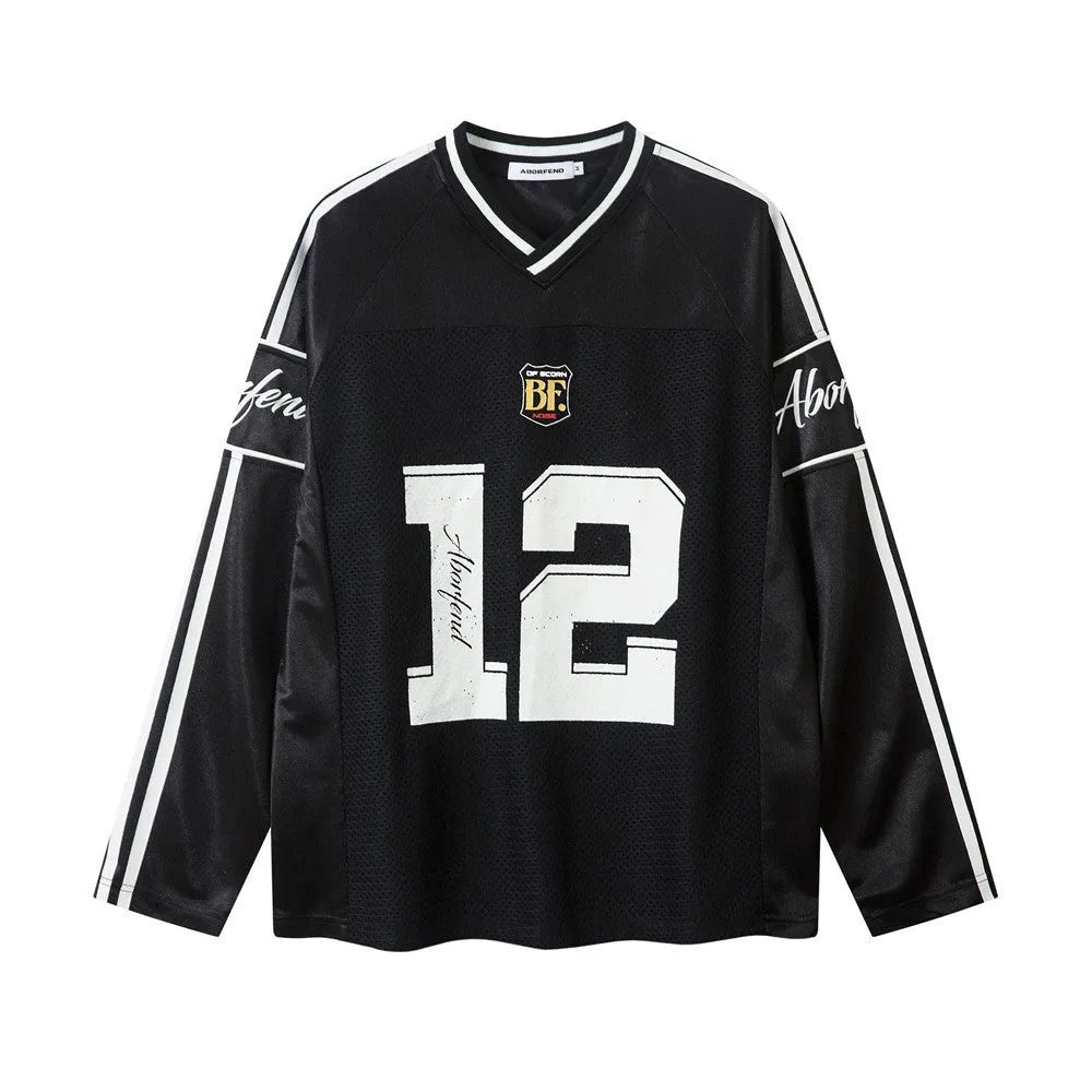 Men's black loose long-sleeved T-shirt with white digital print V-neck detail.