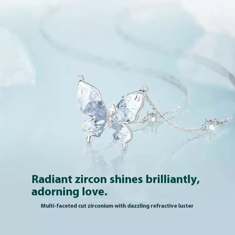 S925 silver necklace with crystalline ice rain butterfly pendant on an adjustable O-ring chain.
