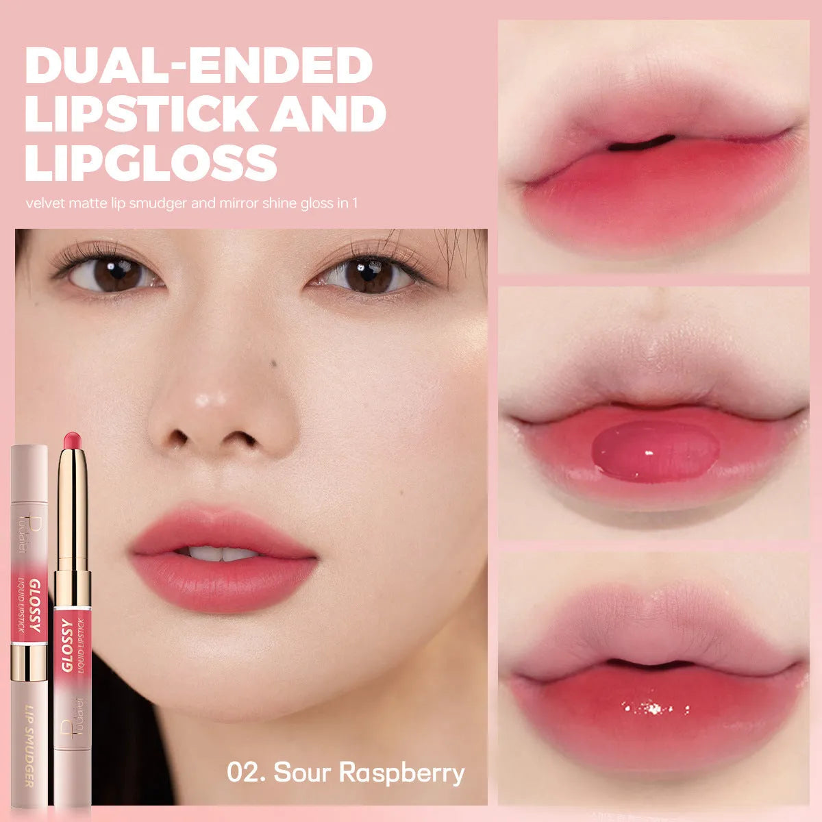Double-headed lipstick and lip gloss in matte finish showing 10 colour options numbered 01 to 10