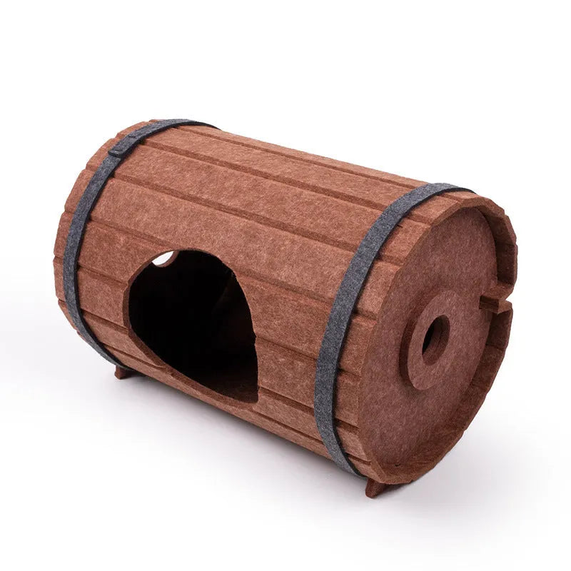 Wine barrel shaped assembled pet bed made from polyester fibre felt pieces with binding straps