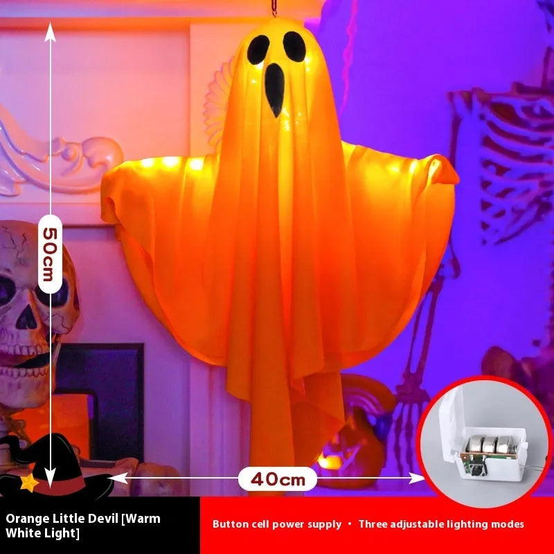White and orange cloth ghost scream LED Halloween light ornament with 4.5V battery compartment.