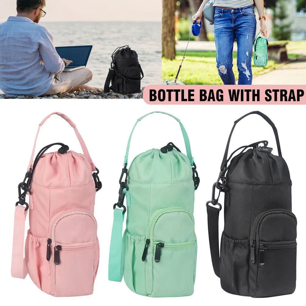 Cloth water bottle pouch crossbody bag in black, green, or pink colours with an adjustable strap.