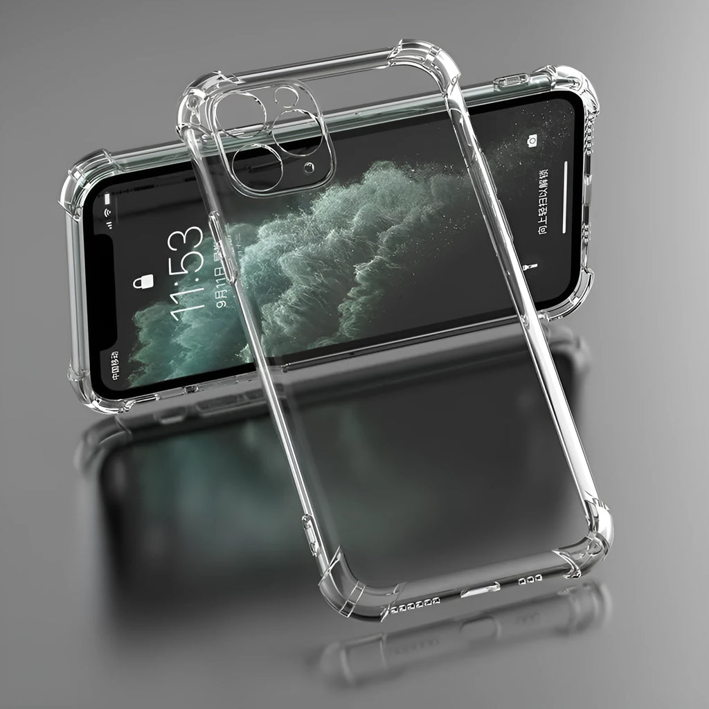 Clear transparent TPU shockproof phone case for Apple iPhone models on a table.
