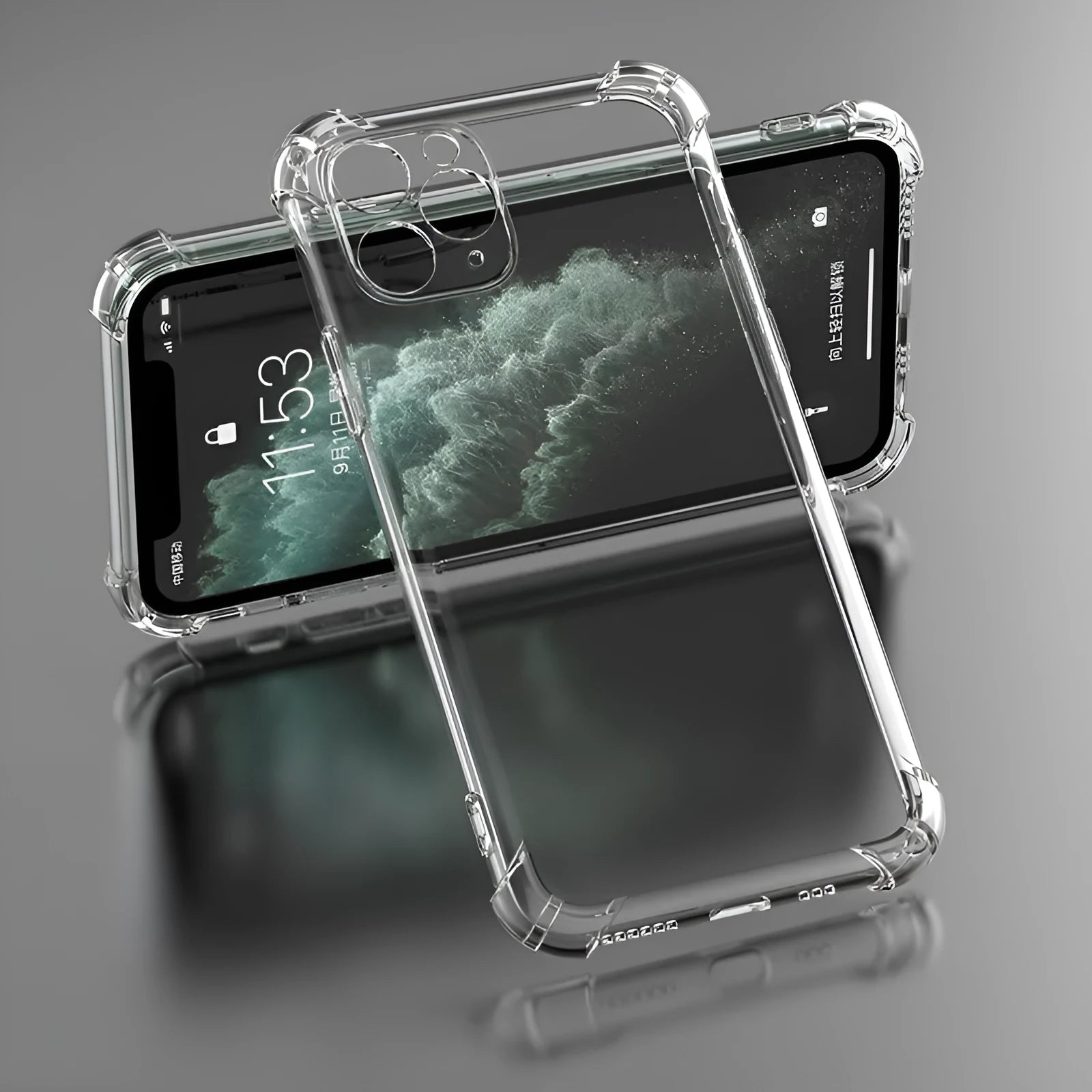 Clear transparent TPU shockproof phone case for Apple iPhone models on a table.