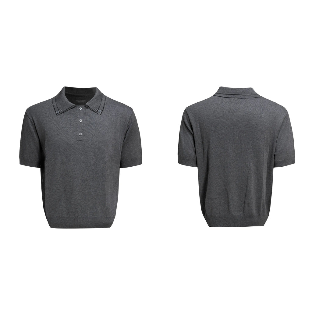 Men's black polyester knit short sleeve shirt with double collar design and loose fit