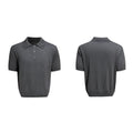 Men's black polyester knit short sleeve shirt with double collar design and loose fit
