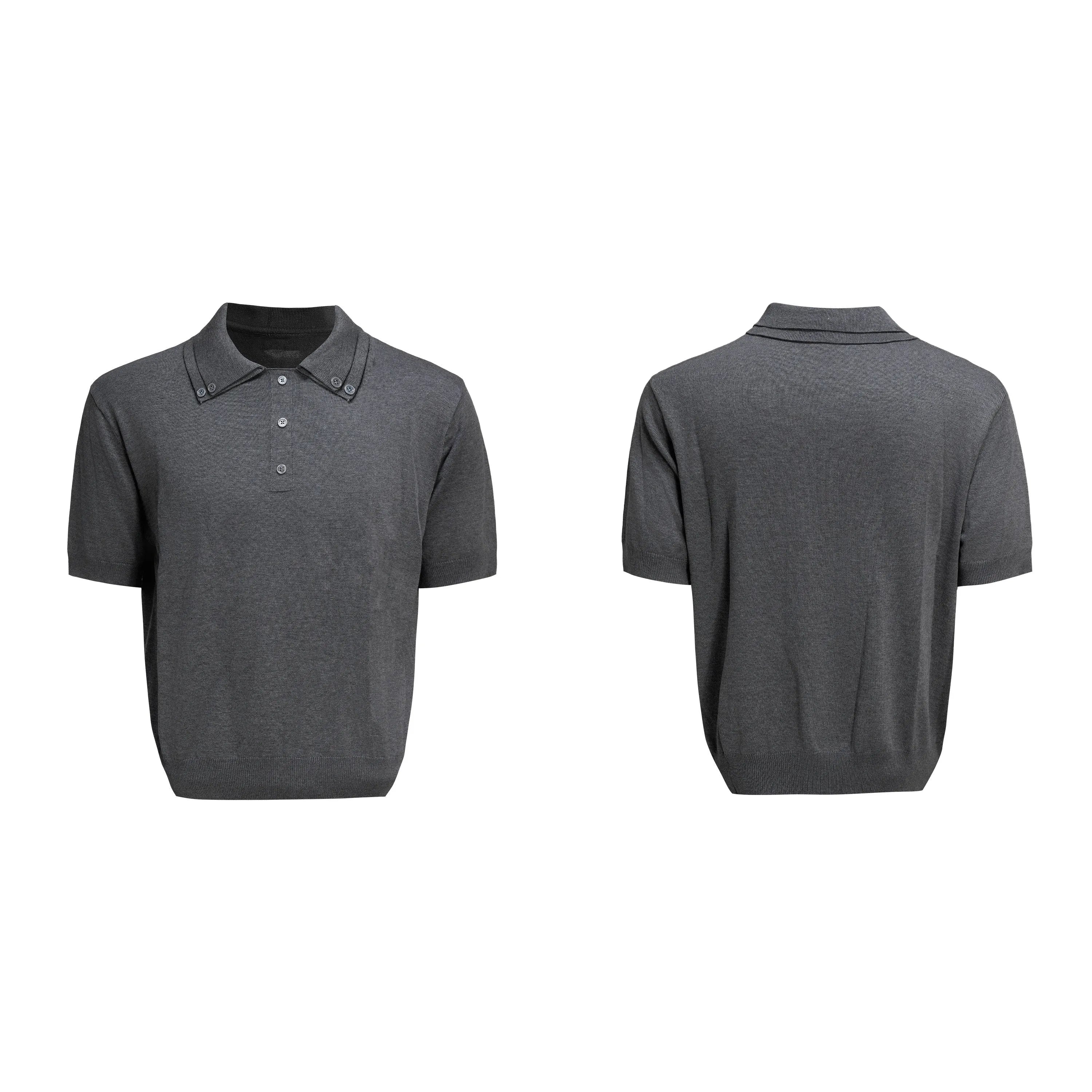 Men's black polyester knit short sleeve shirt with double collar design and loose fit