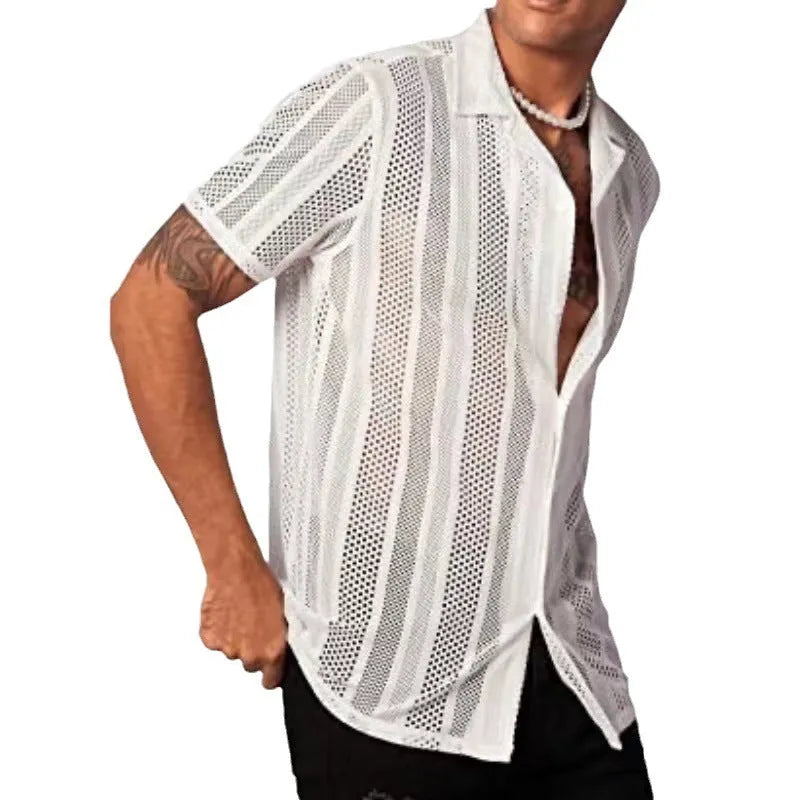 Men's black knitted short-sleeved button-up shirt with jacquard texture and cardigan style on a white background.