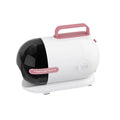 Pink and white pet grooming vacuum cleaner with electric shear and hose attachments on a white background