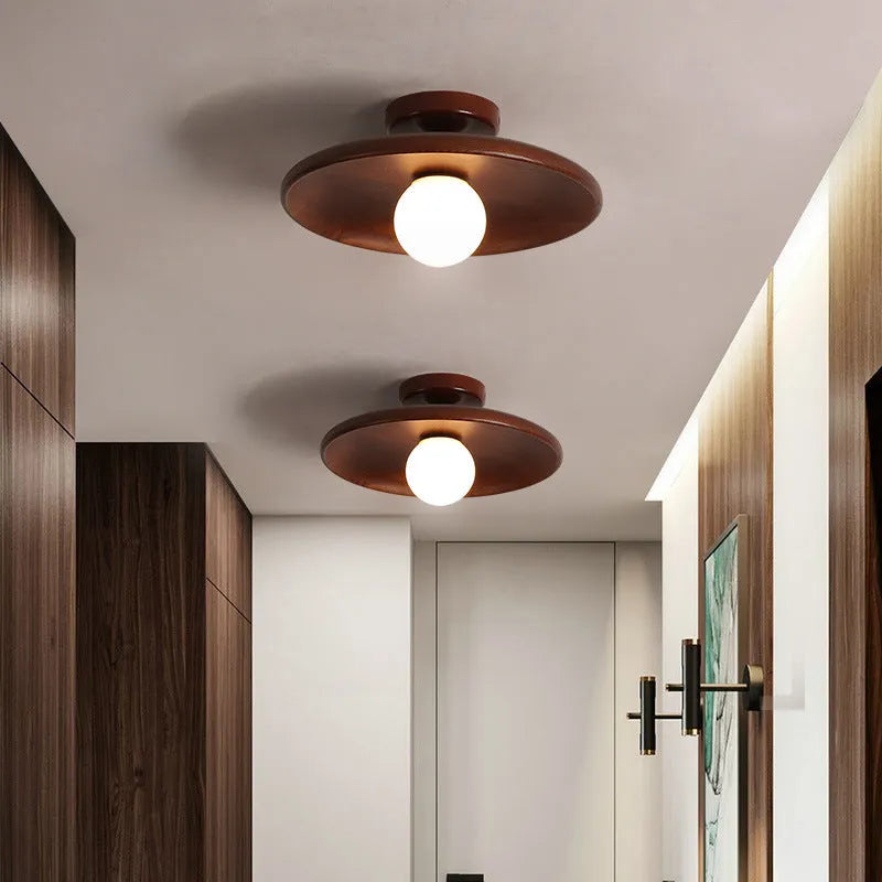 Modern solid wood ceiling lamp with glass shade in wood or walnut finish, available in three sizes.