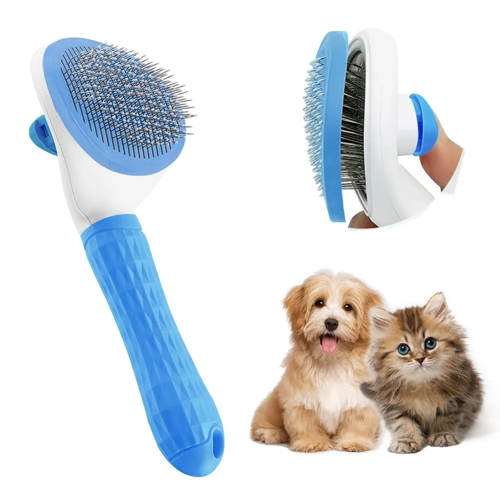 Blue cat grooming brush with a release button for removing collected pet hair.