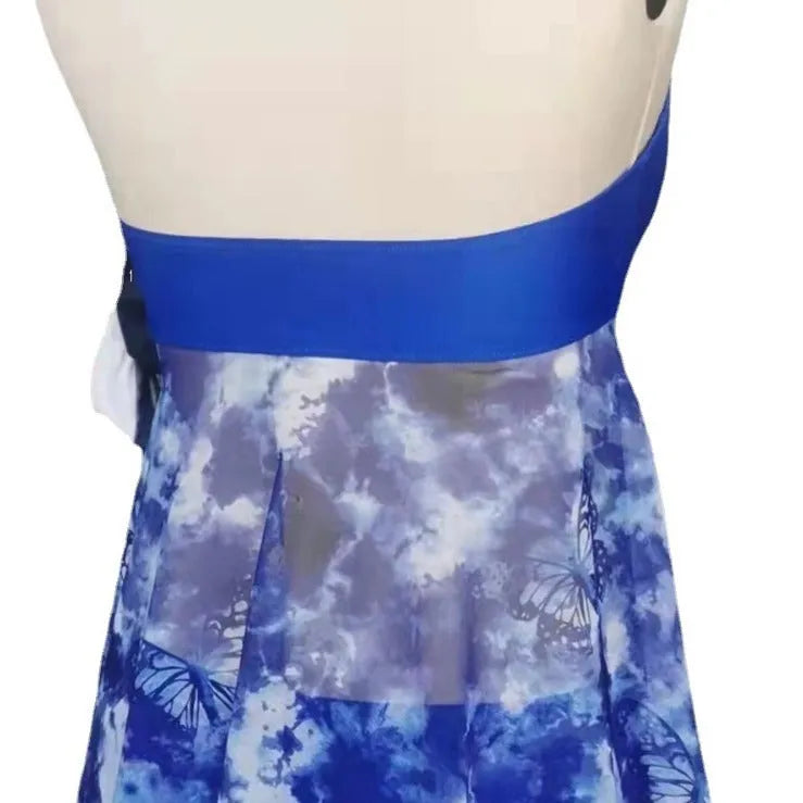 Blue women's bikini swimsuit with briefs bottom on a mannequin, showing spandex fabric texture.
