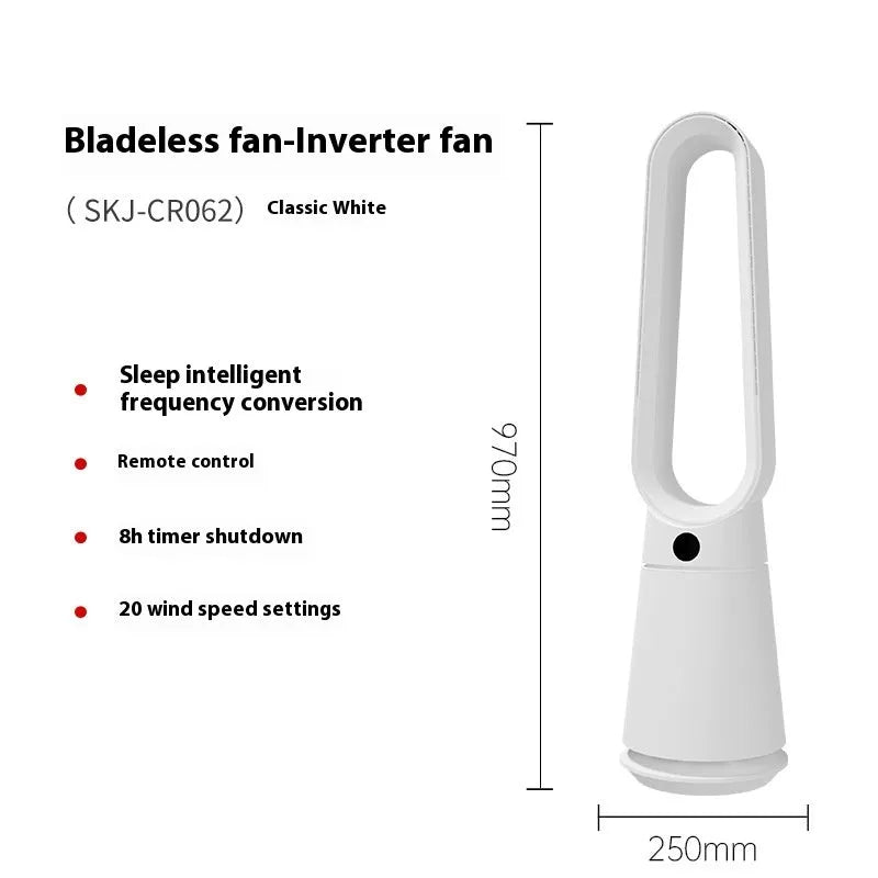 White bladeless tower fan with a slim design standing on a floor, showing a touch screen panel.