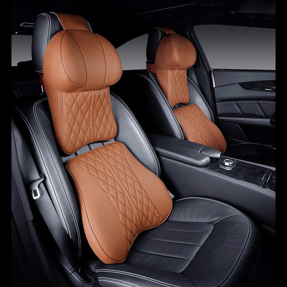 Car neck pillow and lumbar support set with leather embroidery wavy pattern in beige colour