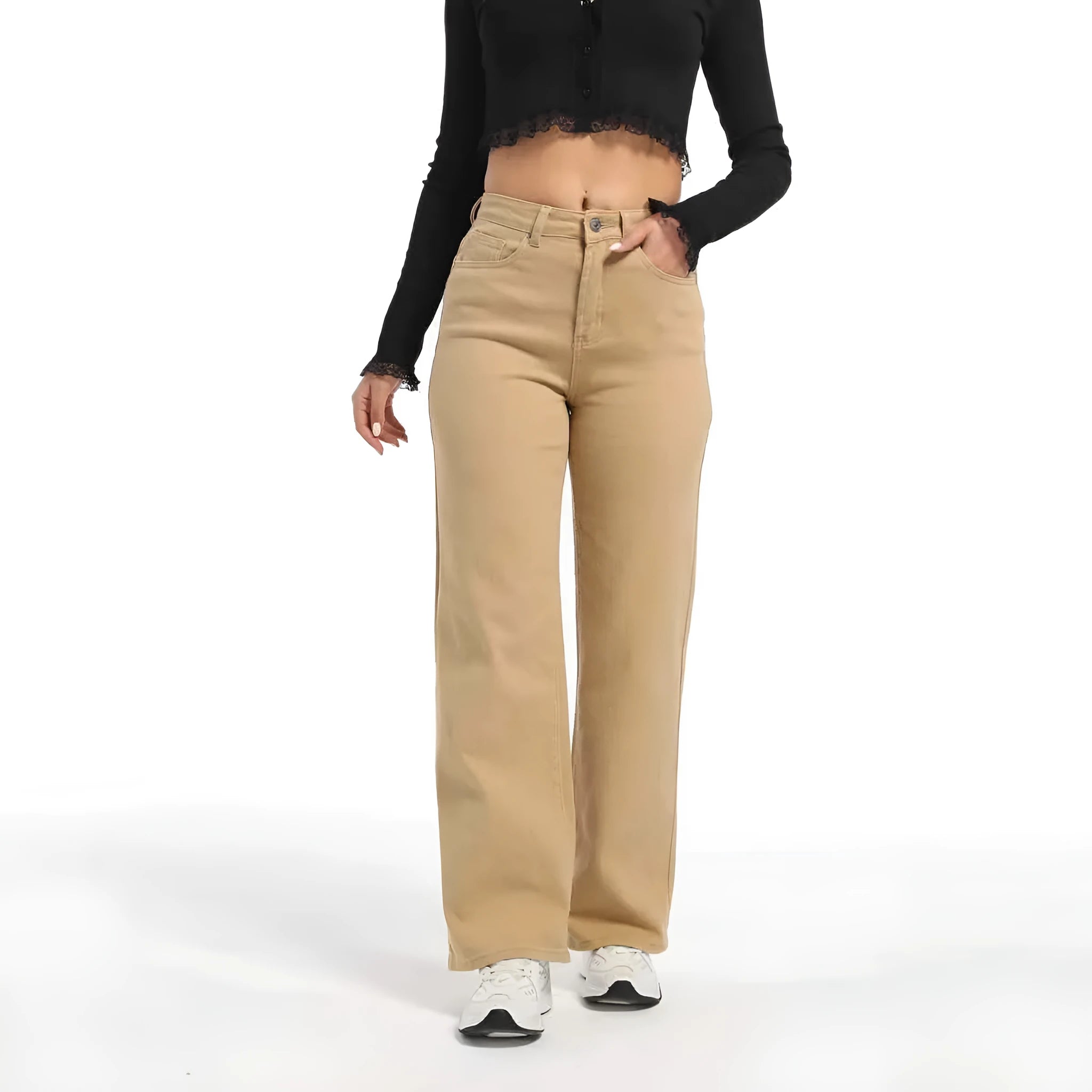 Women's straight leg jeans in wide fit with high waist, available in apricot and khaki colours