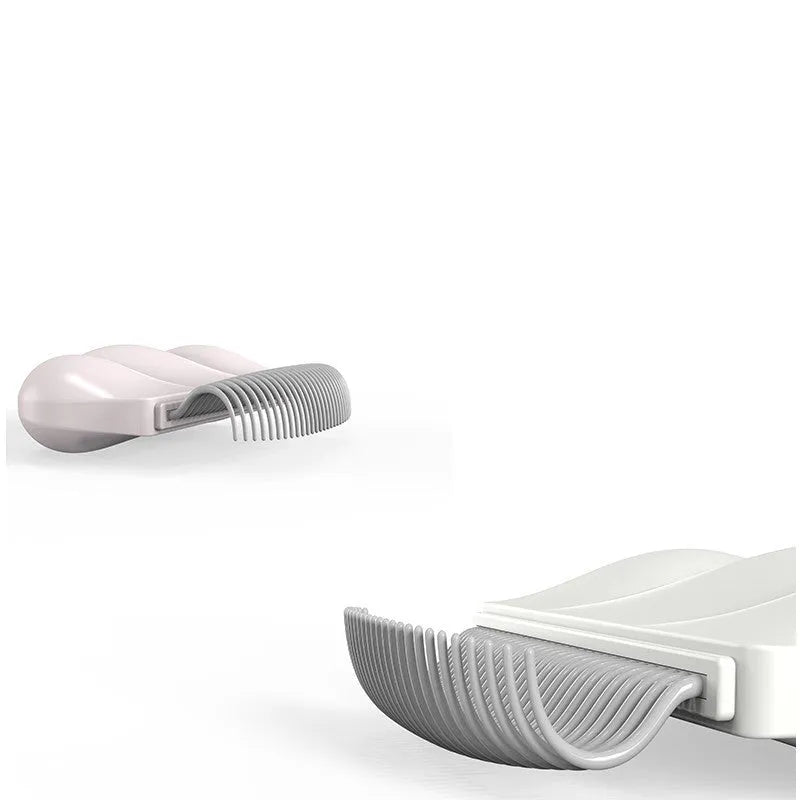 Blue paw-shaped deshedding brush for pets on a white background.