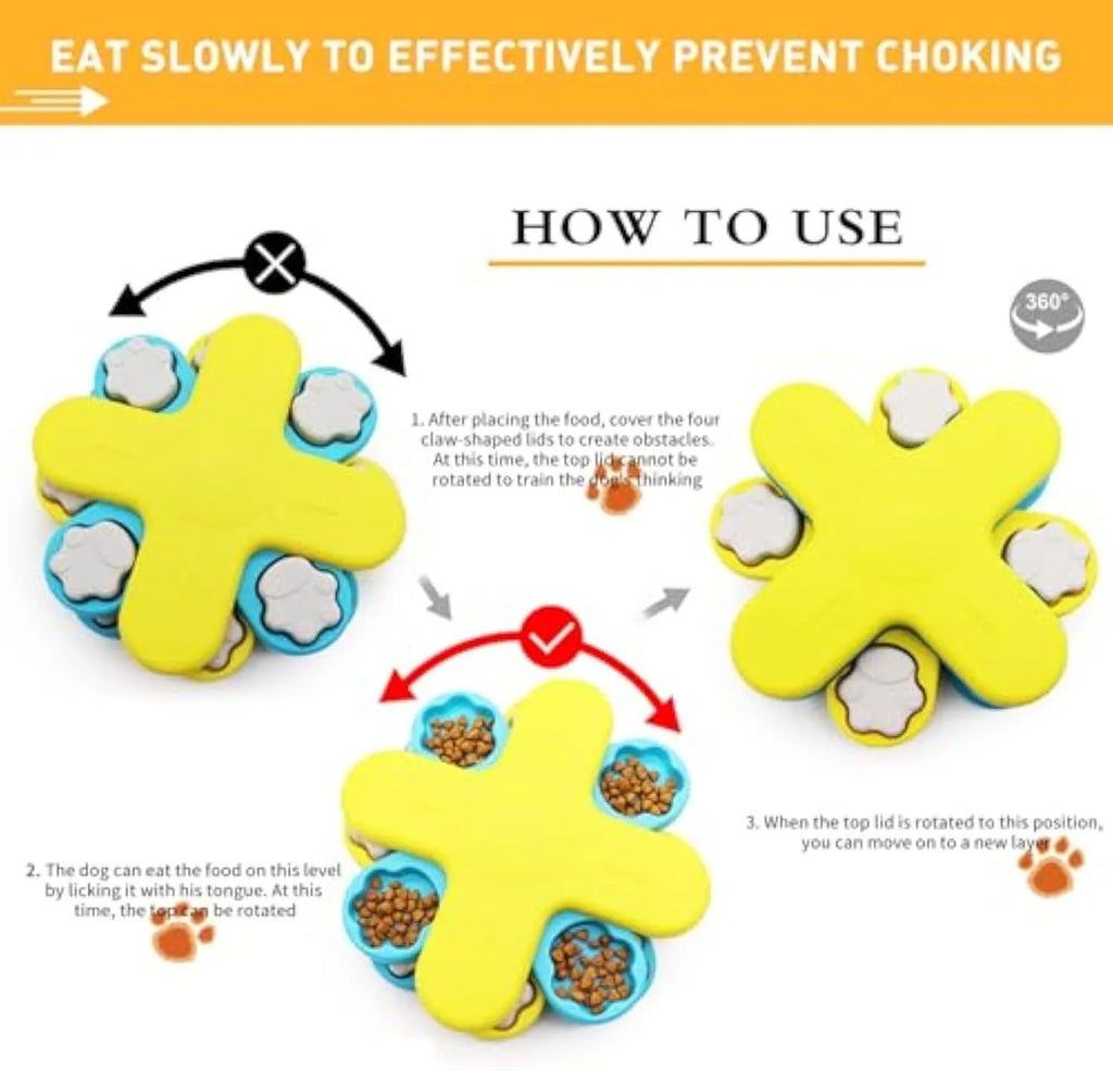 Yellow three-layer rotating dog puzzle feeder with claw-shaped lids on anti-slip base