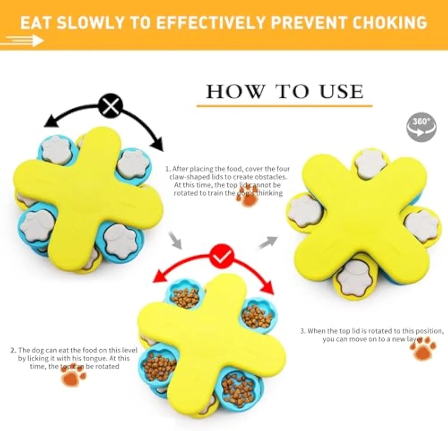 Yellow three-layer rotating dog puzzle feeder with claw-shaped lids on anti-slip base