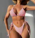 Women's high waist bikini swimsuit with lace-up detail in black, blue, khaki, or pink colours