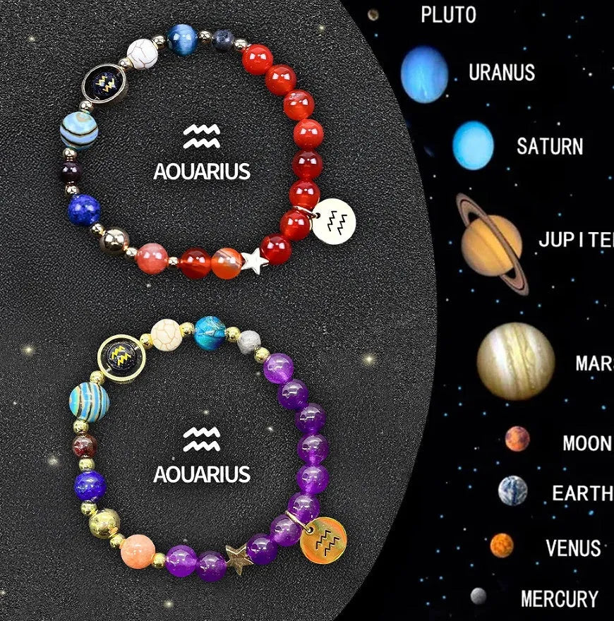 Set of two natural stone beaded bracelets featuring zodiac sign designs on an adjustable band.