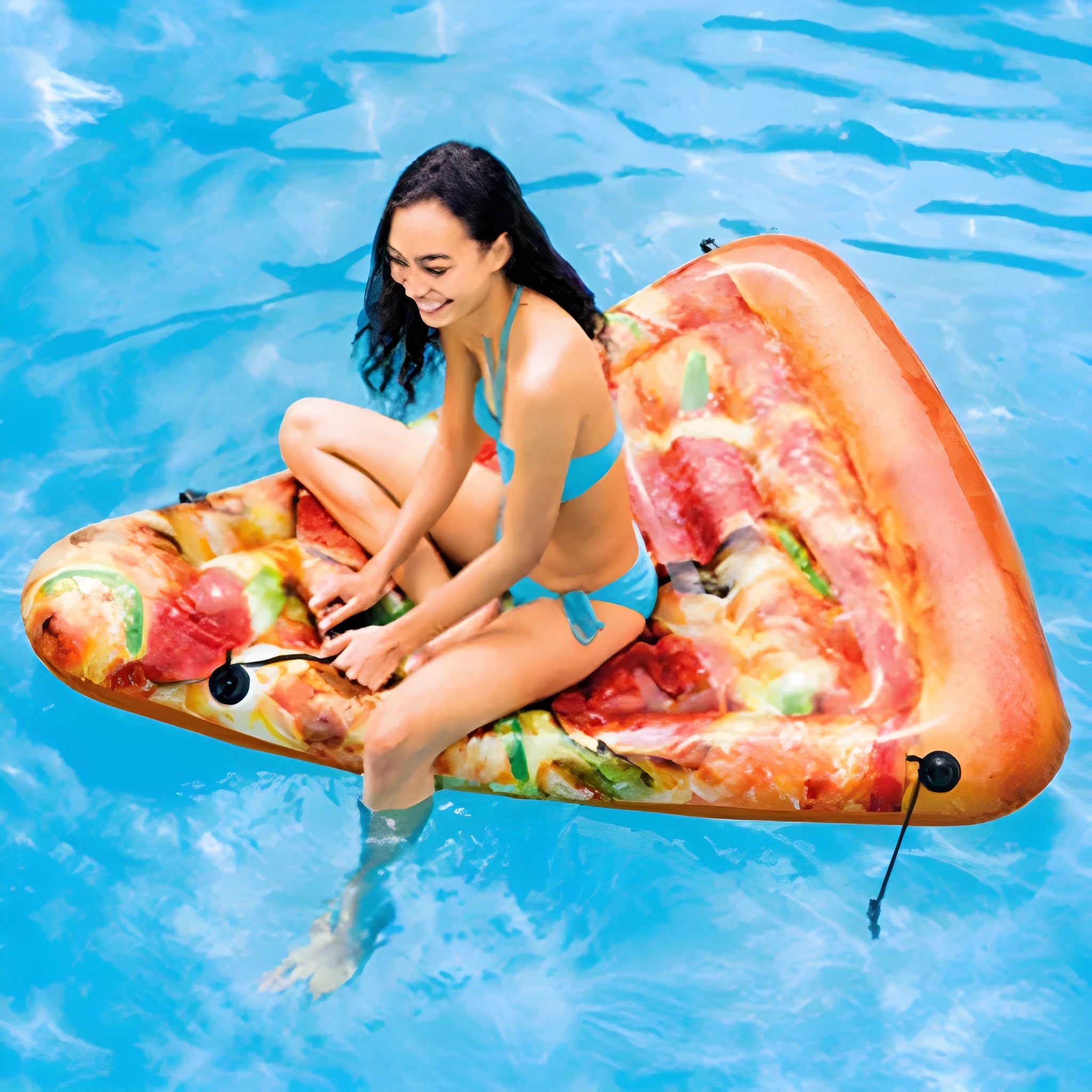 Large inflatable pizza surfboard recliner floating on water with bright multicolour design